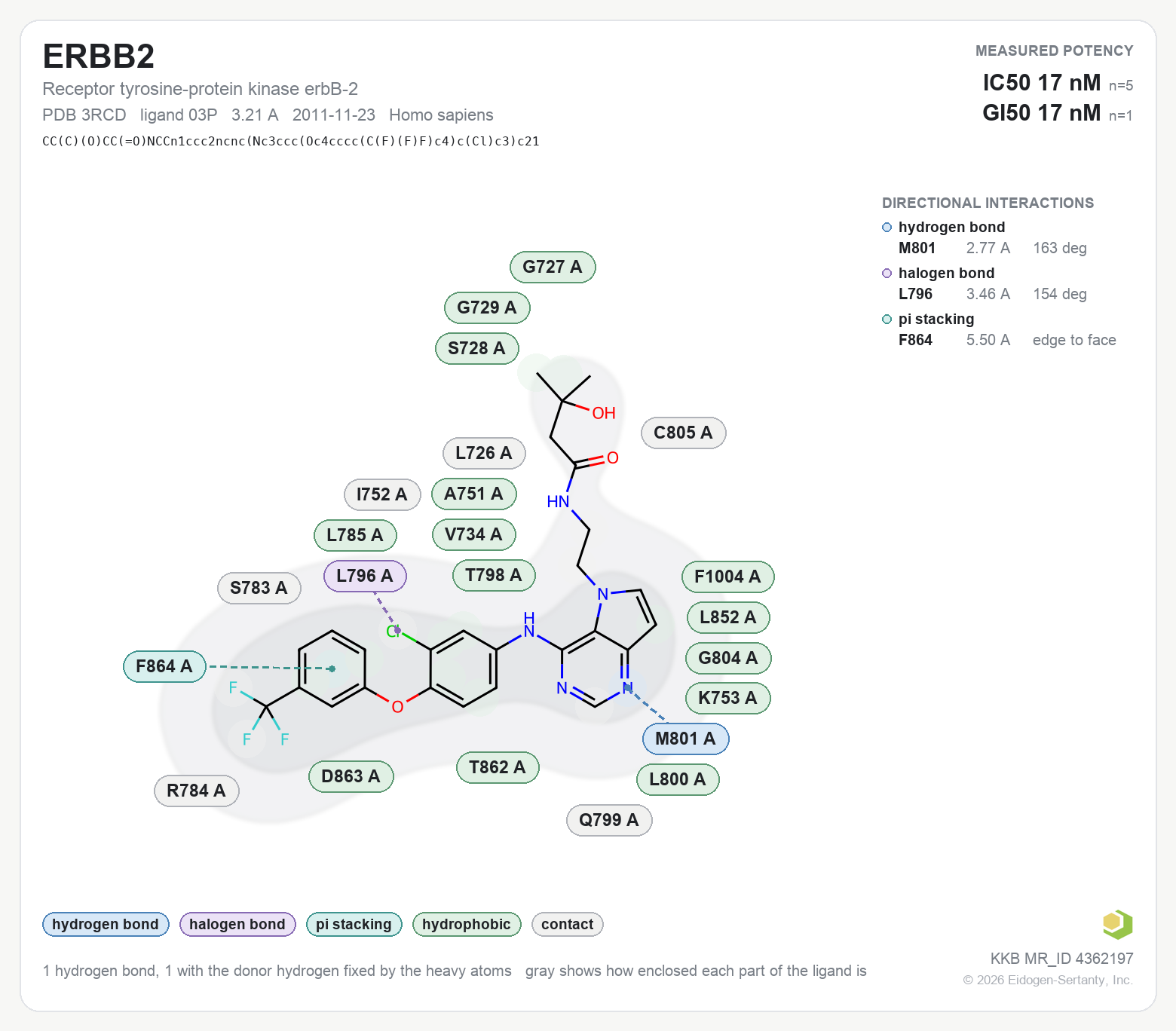 Contact map for ERBB2 with ligand 03P from PDB entry 3RCD, IC50 17 nM in the Kinase Knowledgebase, showing the measured interactions on the flat structure