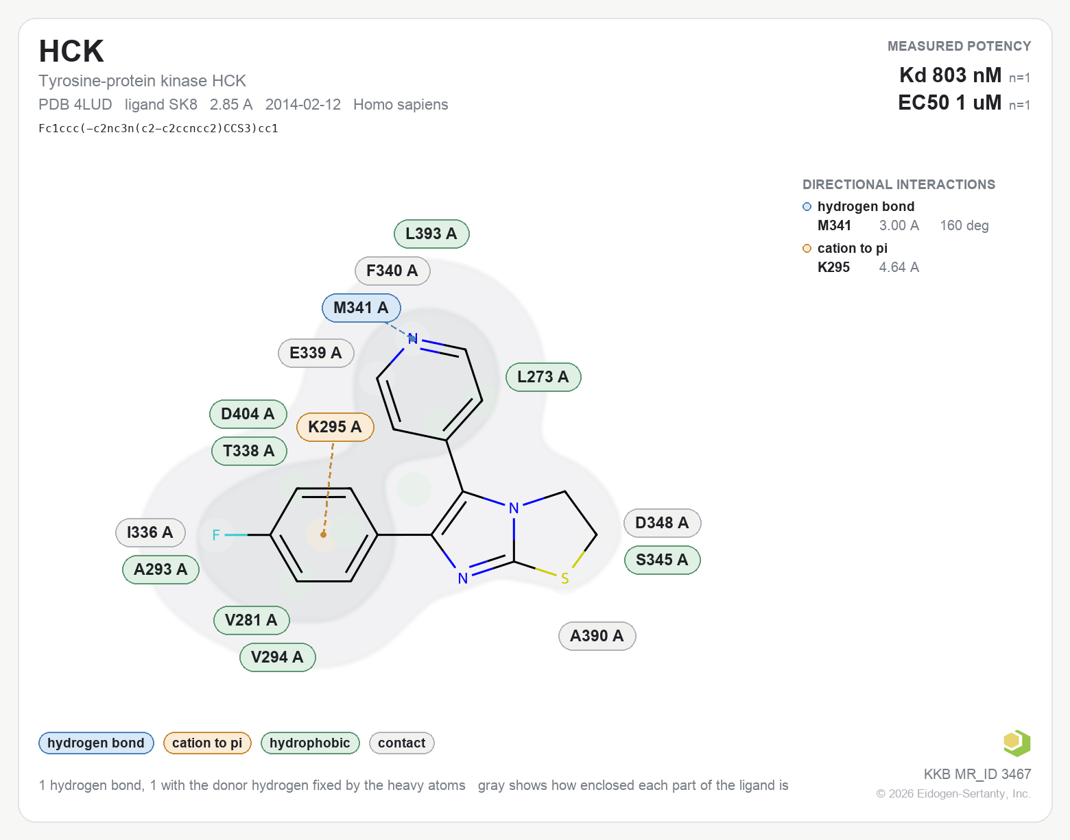 Contact map for HCK with ligand SK8 from PDB entry 4LUD, KD 803 nM in the Kinase Knowledgebase, showing the measured interactions on the flat structure