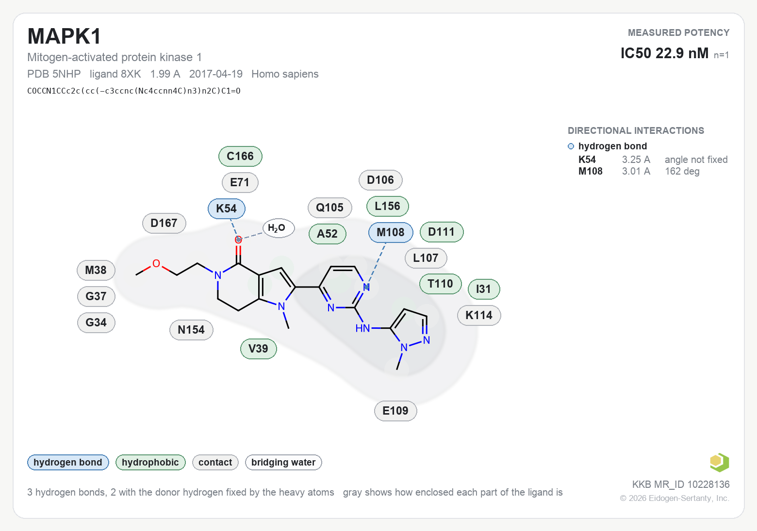 Contact map for MAPK1 with ligand 8XK from PDB entry 5NHP, IC50 22.9 nM in the Kinase Knowledgebase, showing the measured interactions on the flat structure