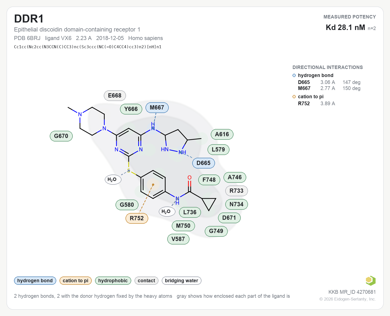 Contact map for DDR1 with ligand VX6 from PDB entry 6BRJ, KD 28.1 nM in the Kinase Knowledgebase, showing the measured interactions on the flat structure
