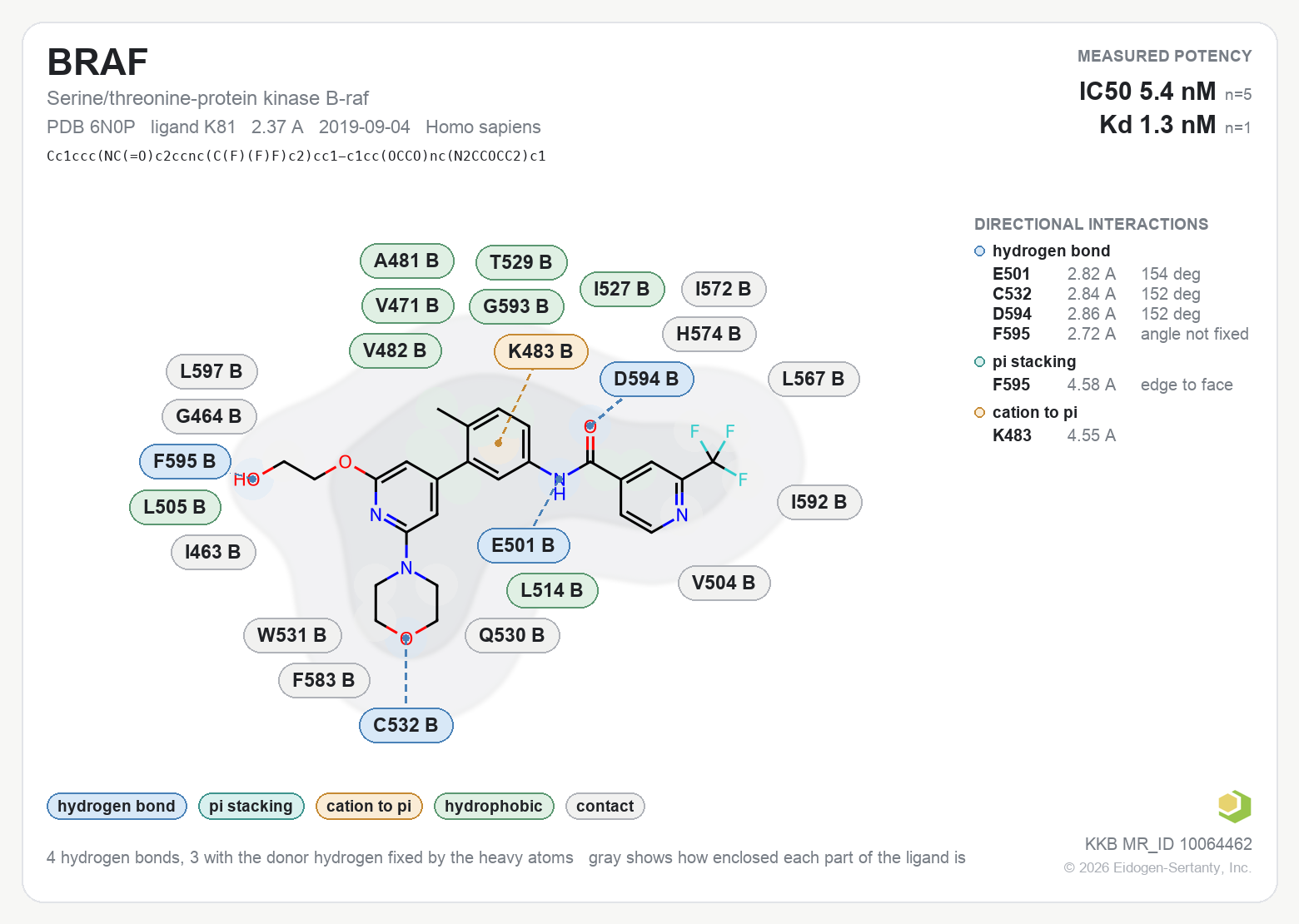 Contact map for BRAF with ligand K81 from PDB entry 6N0P, IC50 5.4 nM in the Kinase Knowledgebase, showing the measured interactions on the flat structure